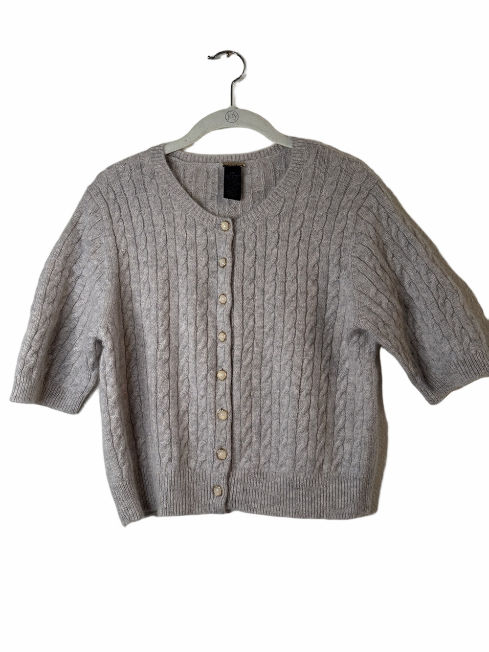 Magaschoni Cable Knit Short Sleeve Cashmere cropped Cardigan Sweater gray L